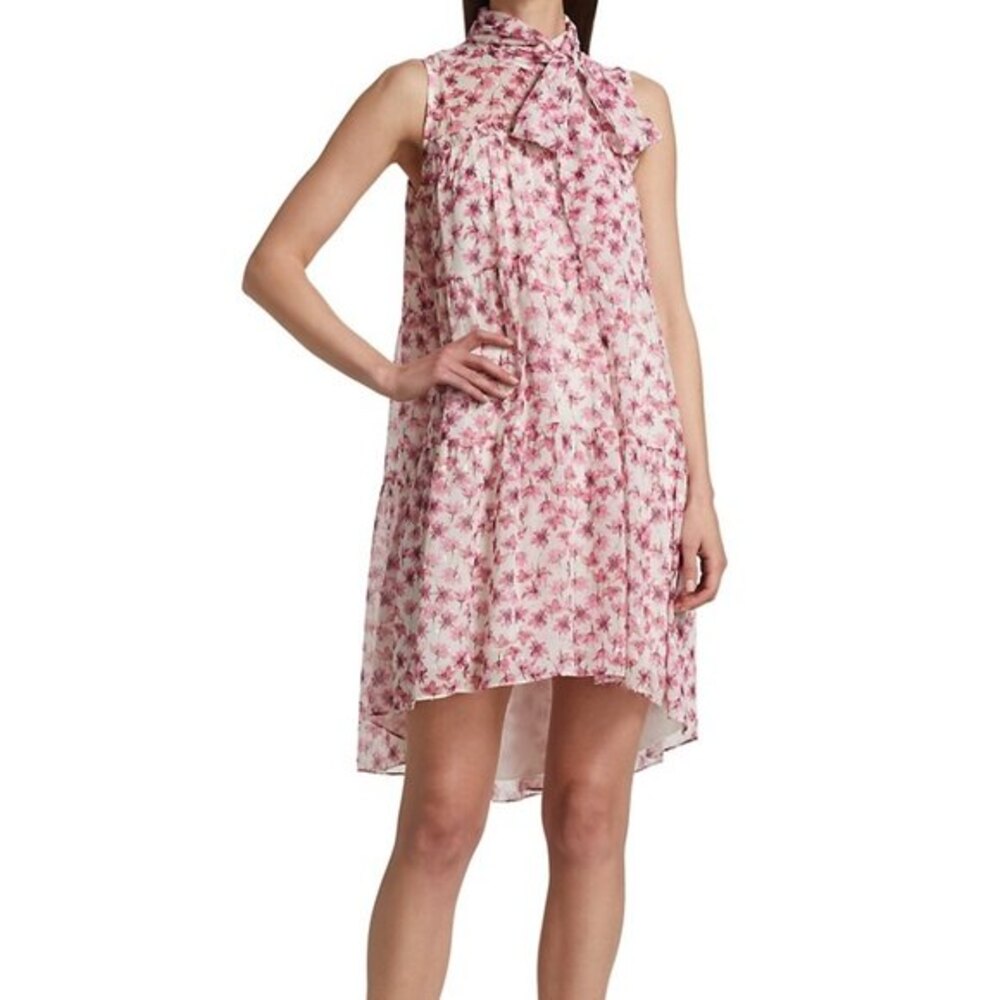 ML Monique Lhuillier Tiered Trapeze Cocktail Dress Pink Floral Size 6 M High Low